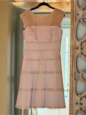 Kay Unger Blush Pink Beaded Illusion Midi Dress